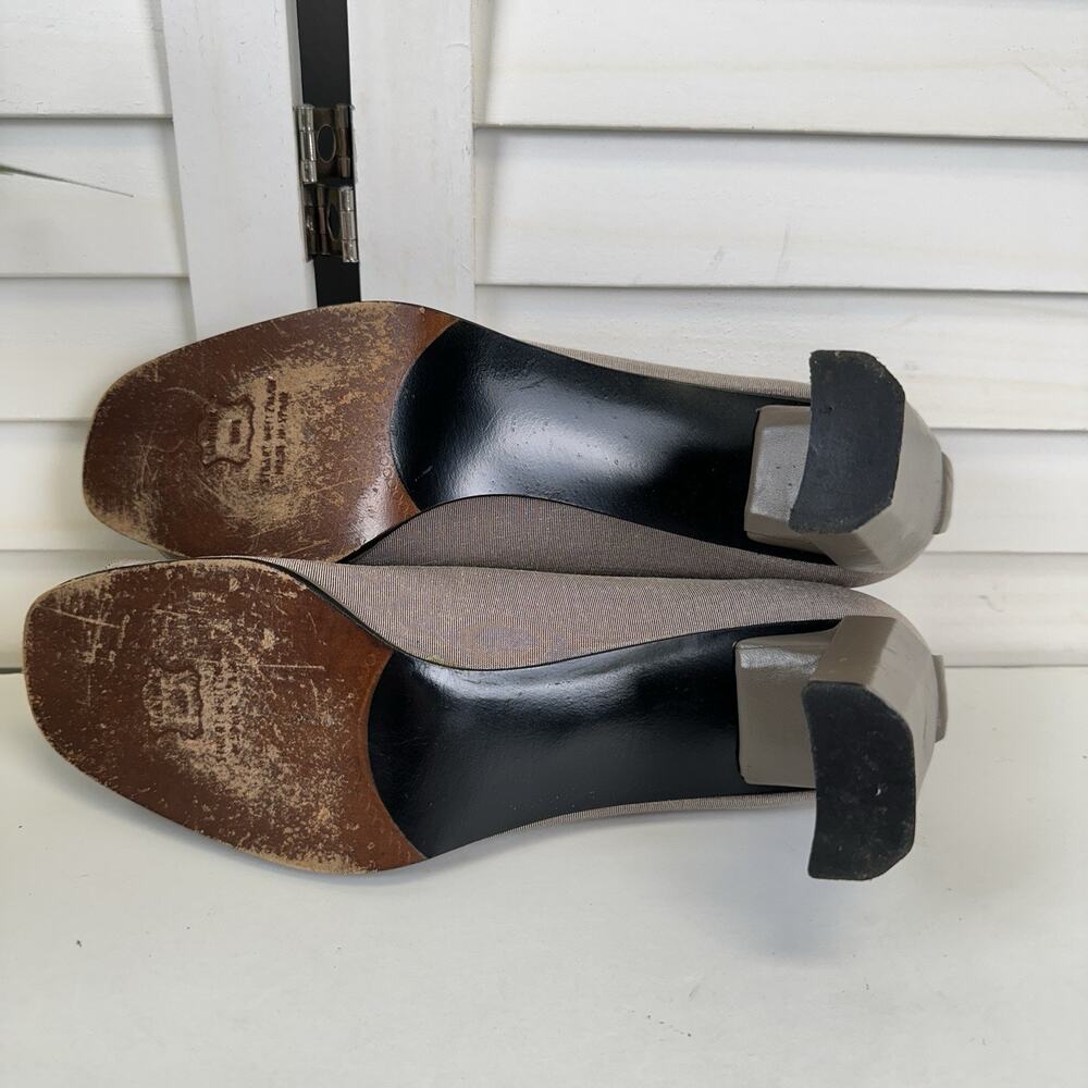 Stuart Weitzman Shimmer Taupe Textile Block Heel Pumps Peep Toe Shoes Size 10 AA - Picture 7 of 9